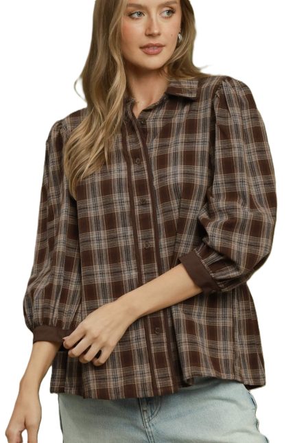Plaid Button Front Puff Sleeve Blouse