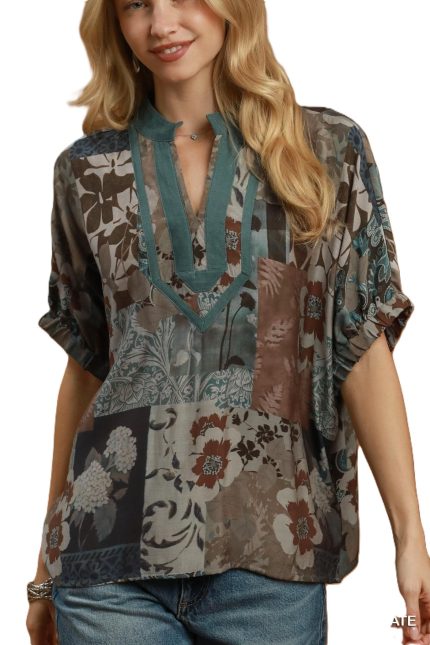 Mixed Floral Patchwork Print Contrast V-neck Top
