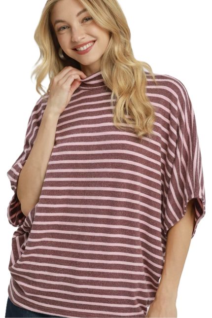 Striped Mock Neck Dolman Top
