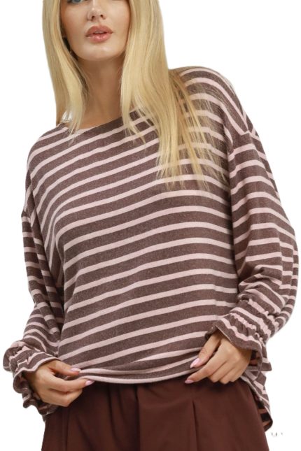 Striped Ruffle Cuff Relaxed Knit Top