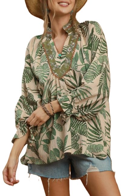 Mix Botanical Print Contrast Neck Blouse