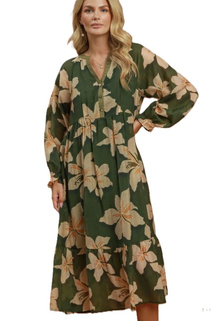 Floral Print Button Front Tiered Maxi Dress