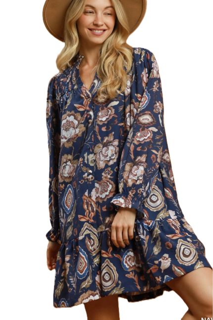 Floral Print Button Front Ruffle Hem Dress