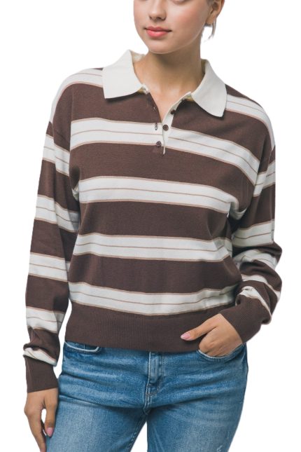 Long Sleeve Knitted Polo Collar Sweatshirt