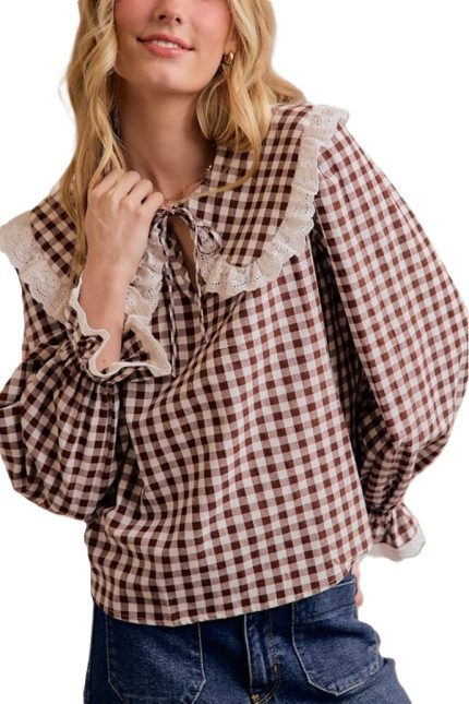 Gingham Check Lace Edge Collared Front Tie Shirts Blouse