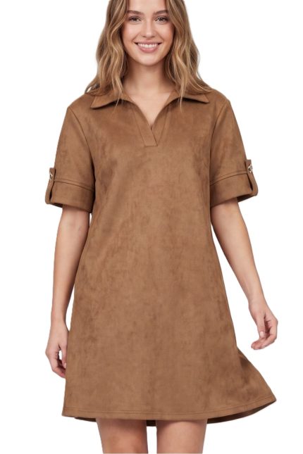 Short Sleeve Collared Suede Mini Dress