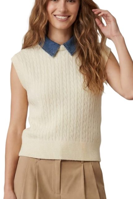 Denim Attachable Collar Cable Sweater Top