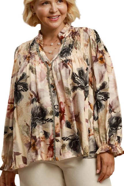 Plus Mix Floral Print Smocked Detail Blouse