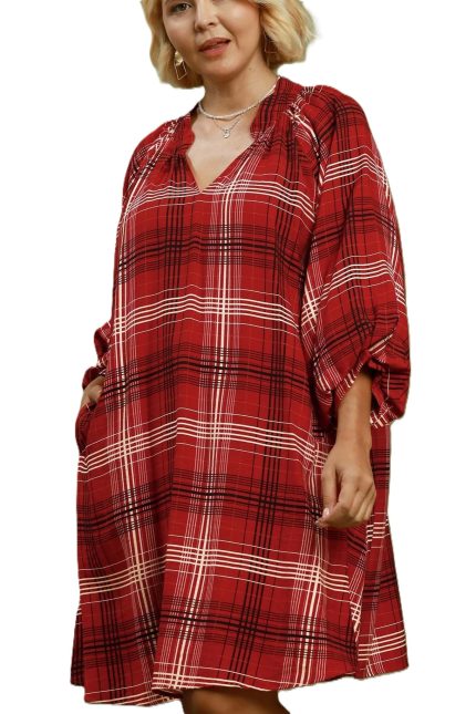 Plus Plaid V-neck Balloon Sleeve Shift Dress