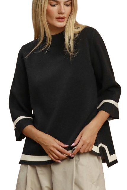 Contrast Trim Mock Neck 3/4 Sleeve Knit Top