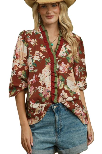 Floral Print Contrast Ruffle V-neck Blouse