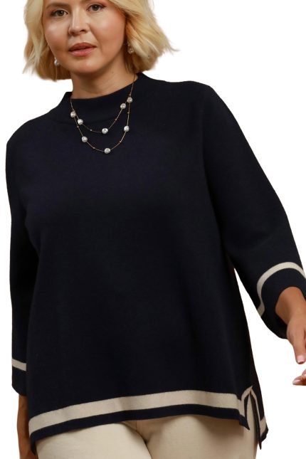Plus Contrast Trim Mock Neck 3/4 Sleeve Knit Top