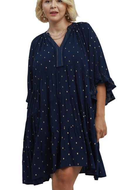 Plus Metallic Dot Tiered Ruffle Sleeve Dress