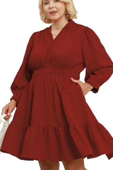Plus Textured V-neck Tiered Dress