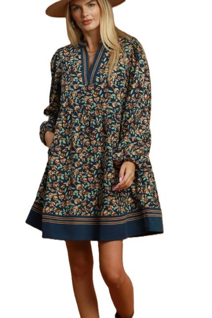 Corduroy Floral Print Contrast Trim Babydoll Dress