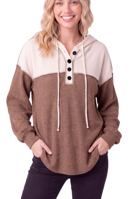 Color Block Rib Knit Henley Hooded Top