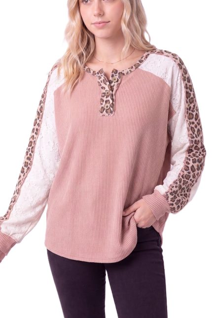 Leopard Lace Contrast Rib Knit Henley Top