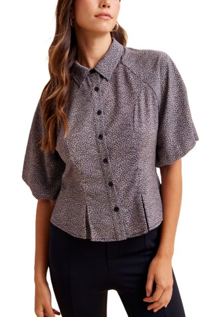 Leopard Print Bubble Sleeve Blouse