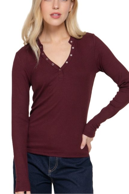 Long Slv Henley Neck Ribbed Top