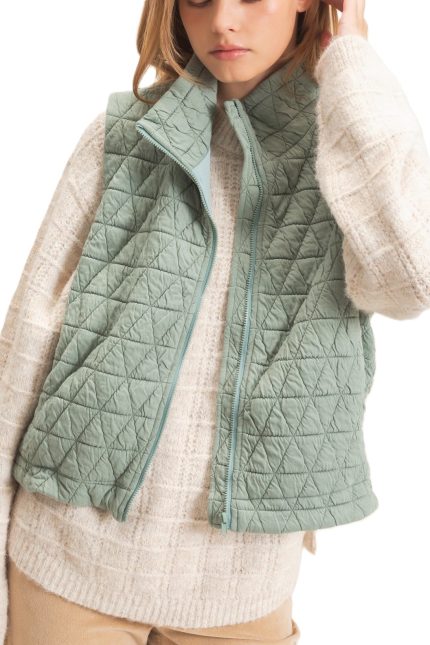 Geometric Quilted High Neck Zip Vest