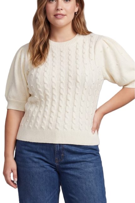 Plus Pearl Embellished Cable Sweater Top