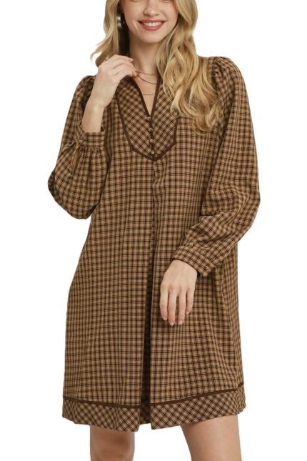 Plaid Contrast Collar Long Sleeve Shift Dress