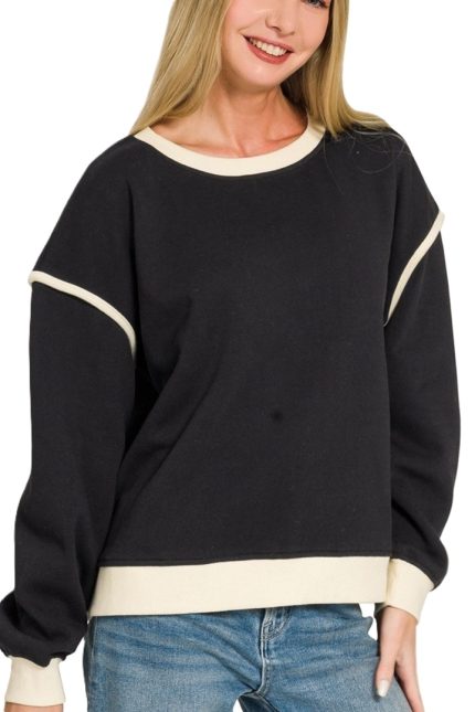 Plus Fleece Contrast Trim Piping Detail Sweatshirts