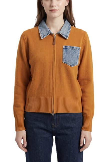 Denim Collar Zip-front Knit Cardigan