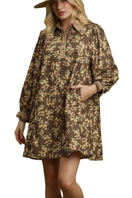 Corduroy Floral Print Collared Shift Dress