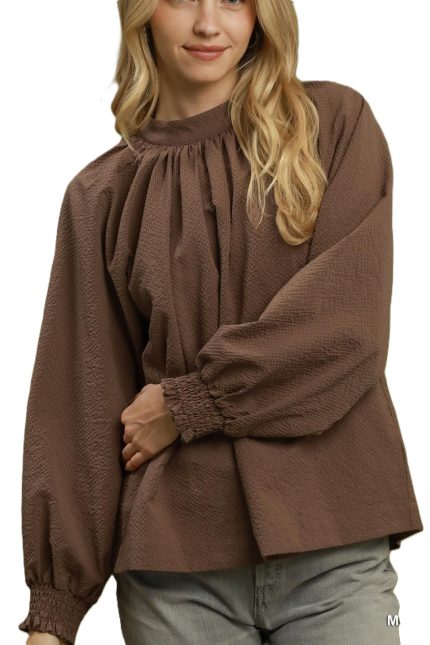 Textured Gathered Neck Balloon Sleeve Top