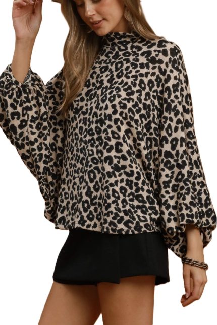 Leopard Print Mock Neck Balloon Sleeve Top
