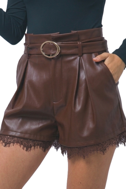 Leather Pleated Shorts With A Lace Hem