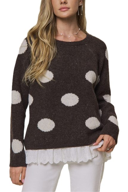 Polka Dot Lace Trim Knit Sweater