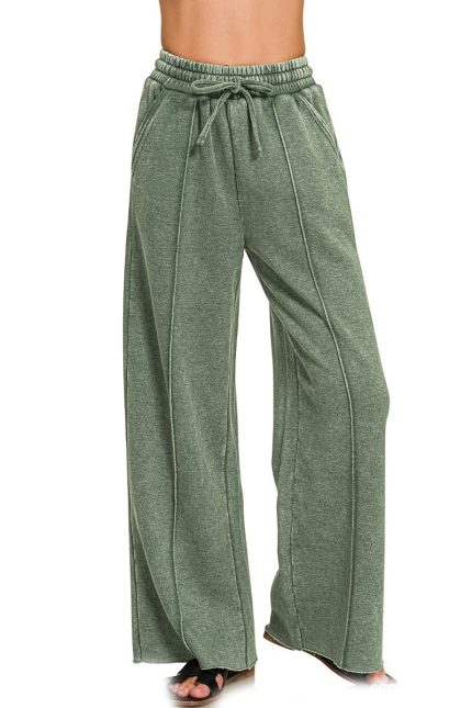 Acid Washed Fleece Pintuck Wide Leg Pants
