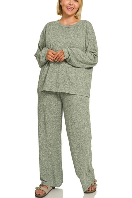 Plus Soft Melange Hacci Long Slv Tee And Pants Set