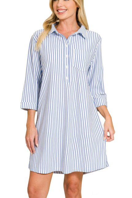 Collared Half Button Striped Dress Shirts