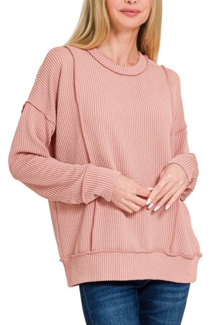 Plus Raised Rib Long Sleeve Round Neck Pullover