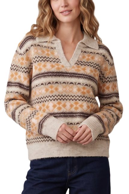 Long Sleeve Fair Isle Polo Sweater Top