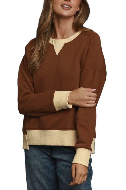 Contrast Rib Bands Pullover Sweatshirt