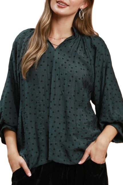 Polka Dot Textured Puff Sleeve Blouse