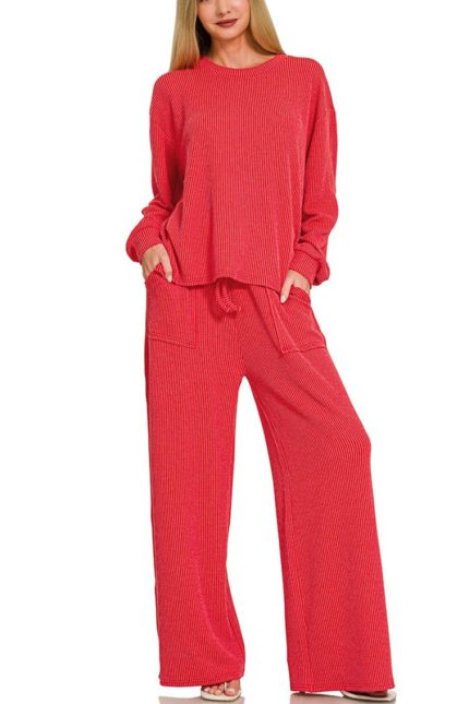 Raised Rib Round Neck Pullover And Pants Set
