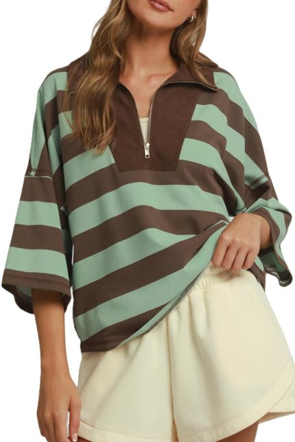 Stripe Drop Shoulder Corduroy Collared Pullover