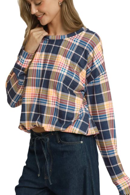 Plaid Pullover Top With Bubble Hem