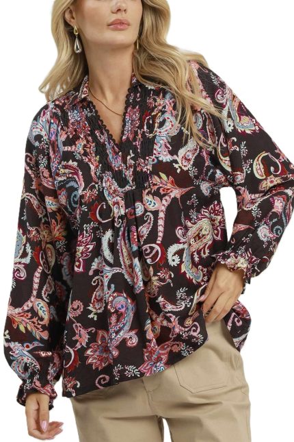 Paisley Print Smocked V-neck Blouse
