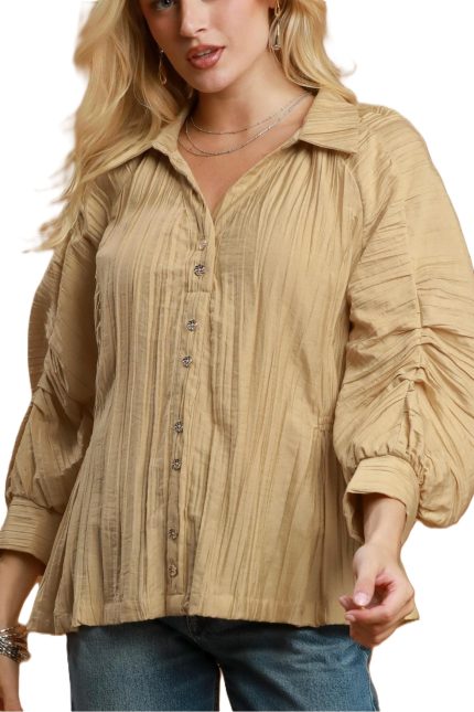 Textured Button Front Balloon Sleeve Top