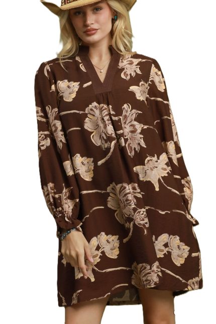 Corduroy Floral V-neck Shift Dress
