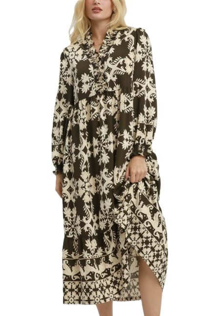 Mix Border Print Ruffle Maxi Dress