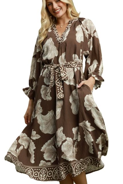 Floral Print Belted Midi Dress