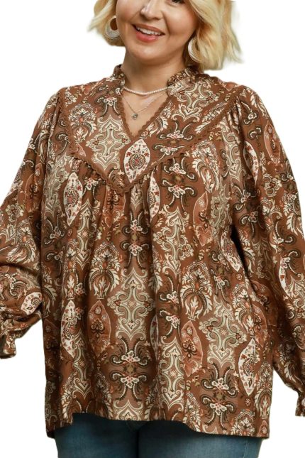 Plus Paisley Print Lace Trim Babydoll Blouse