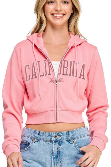 Fleece Relax Fit Crop Zip Up Hoodie With Ca Emb